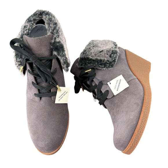 Cole Haan Wedge Bootie Women’s 8.5 Coralie Gray Waterproof Faux Fur Grand OS NEW - Picture 2 of 11